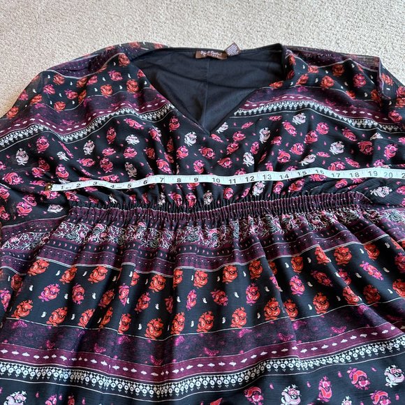 Boho Mini Dress V-Neck Gathered Smocked Waist Floral Speed Control NY Plus 2X - Picture 7 of 12